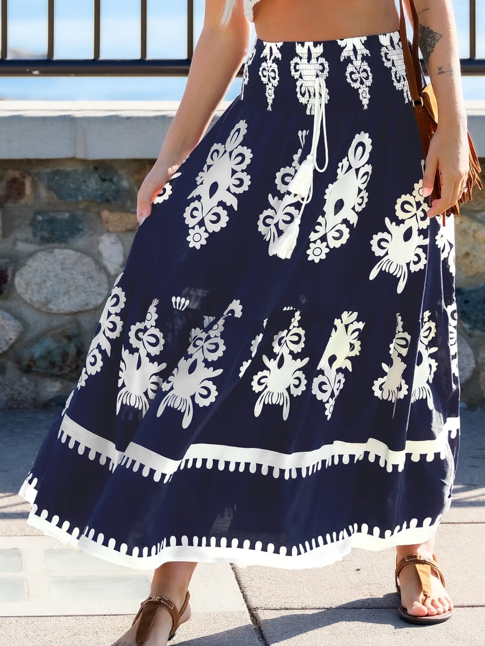 Cupshe Boho Navy and White Maxi Skirt with Tassel Tie - Picture 5 of 6